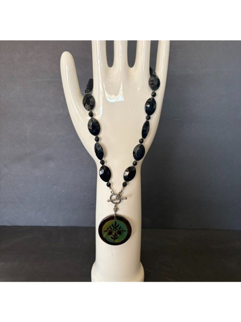 Vintage Czech Crystal Necklace With Botanical Cabochon & Toggle Clasp Bohemian